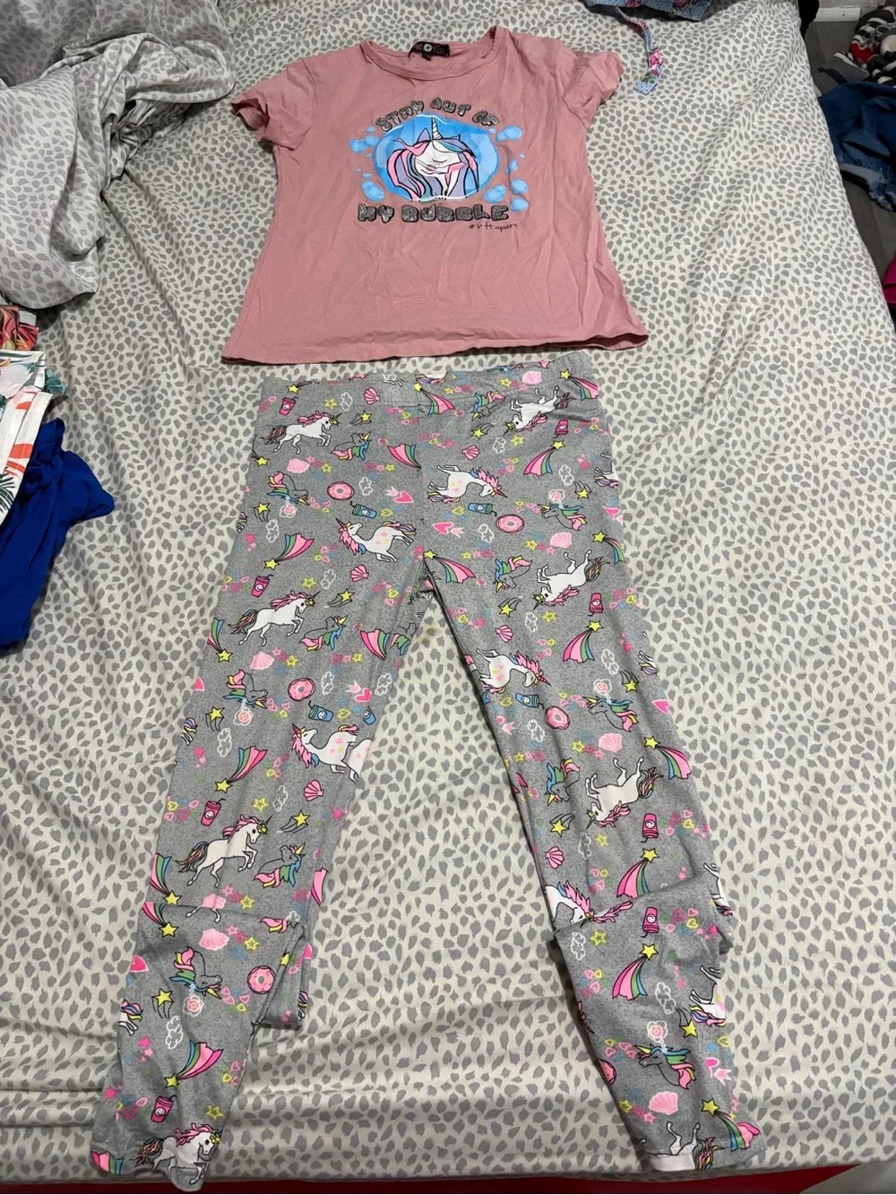 Girls Pink Unicorn Matching Set - Top & Grey Unicorn Leggings
